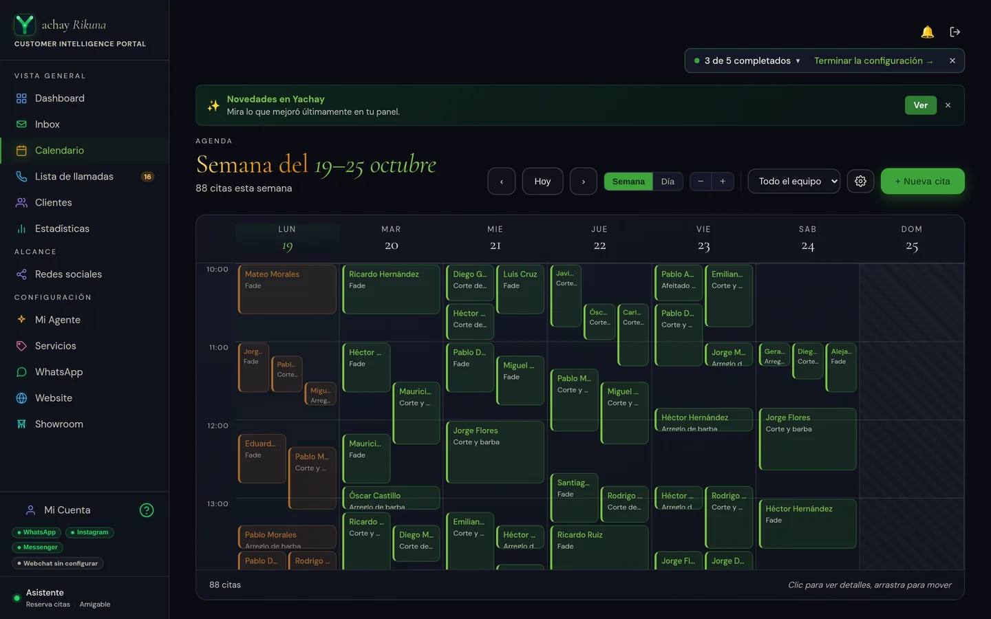 Calendario en Rikuna: las citas del día por persona de la barbería, con servicio, duración y cliente.