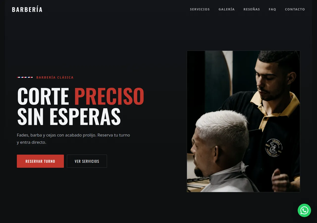 Página de una barbería en el escritorio: portada, servicios y reserva de cita.