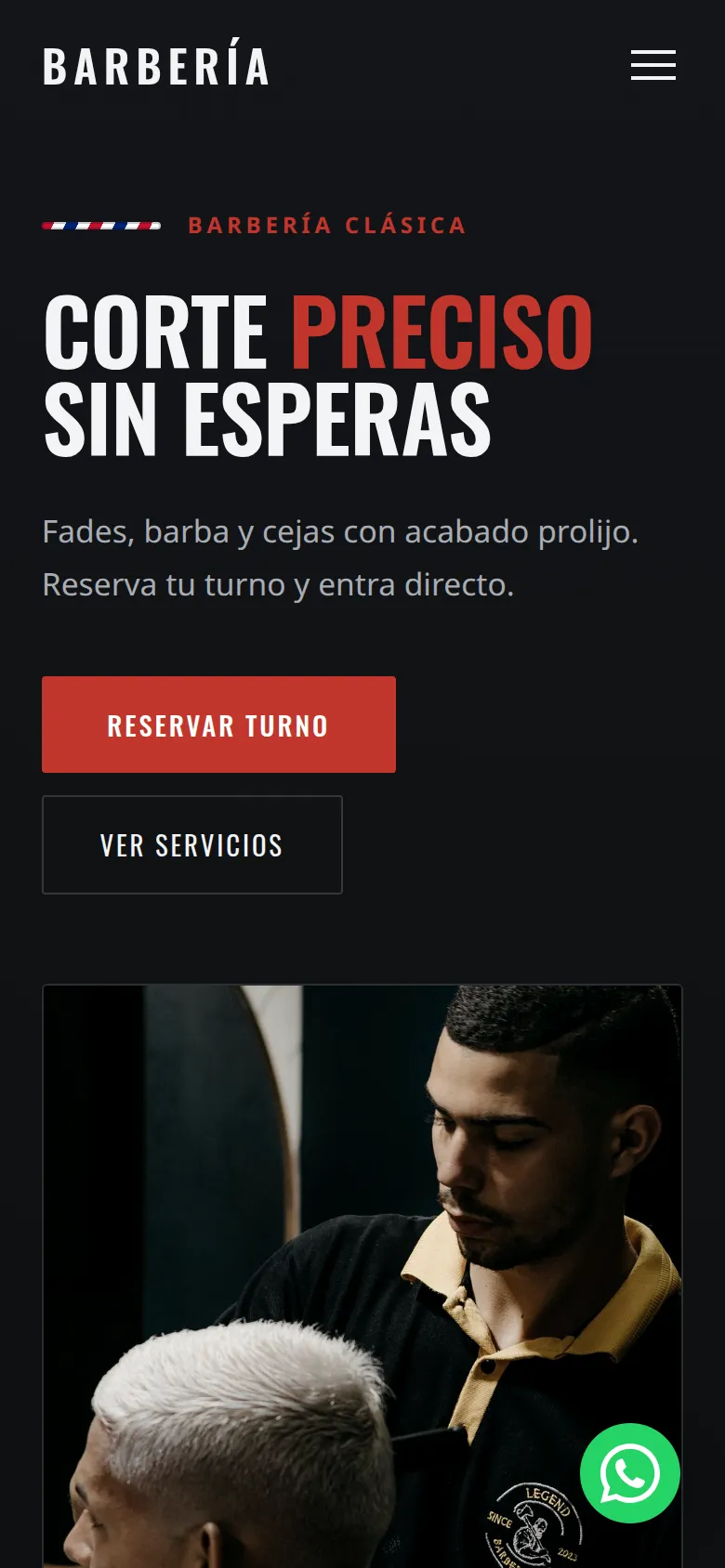 La misma página de la barbería en el celular, con la reserva y el contacto directo.